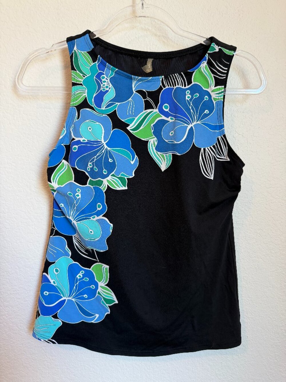 Lands End Women's Wire Free Soft Cup High Neck Tankini Swim Top Black Floral 6